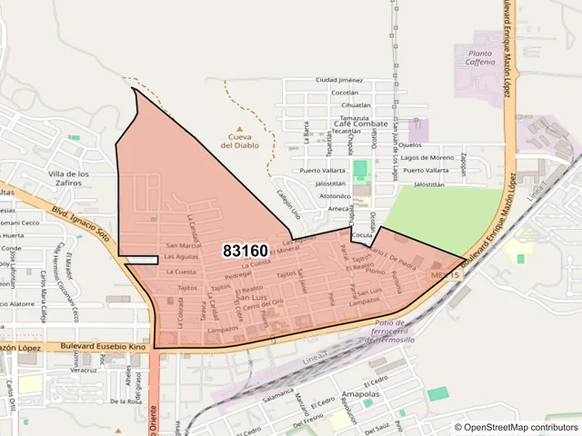 Mapa del código postal 83160, Hermosillo, Sonora