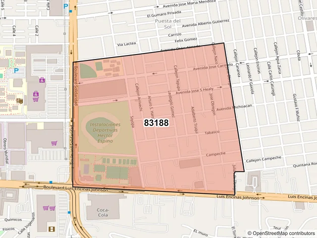 Mapa del código postal 83188, Hermosillo, Sonora