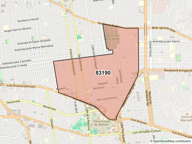 Mapa del código postal 83190, Hermosillo, Sonora