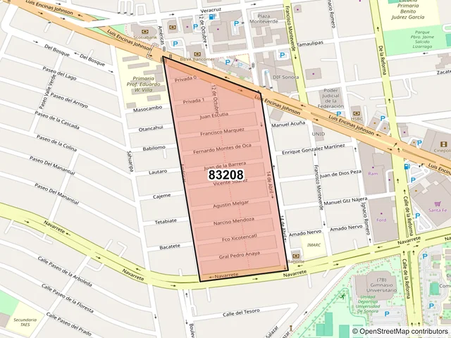 Mapa del código postal 83208, Hermosillo, Sonora