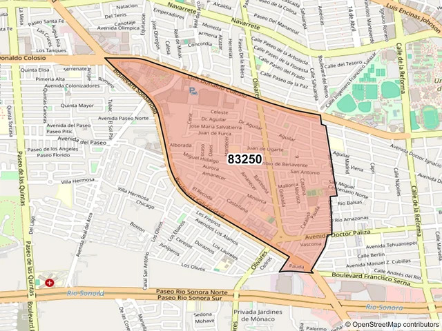 Mapa del código postal 83250, Hermosillo, Sonora
