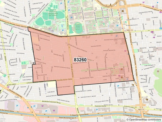 Mapa del código postal 83260, Hermosillo, Sonora