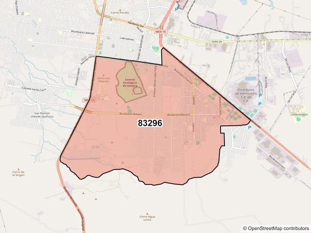 Mapa del código postal 83296, Hermosillo, Sonora