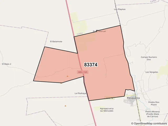 Mapa del código postal 83374, San Miguel de Horcasitas, Sonora