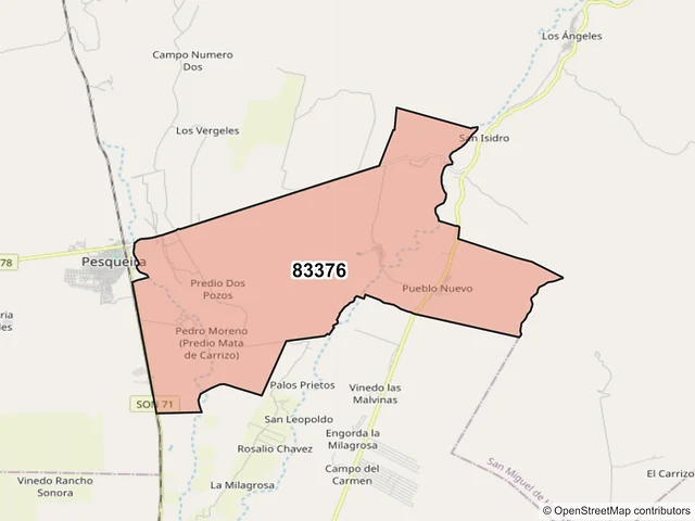 Mapa del código postal 83376, San Miguel de Horcasitas, Sonora