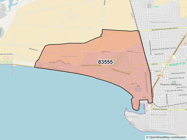 Mapa del código postal 83555, Puerto Peñasco, Sonora