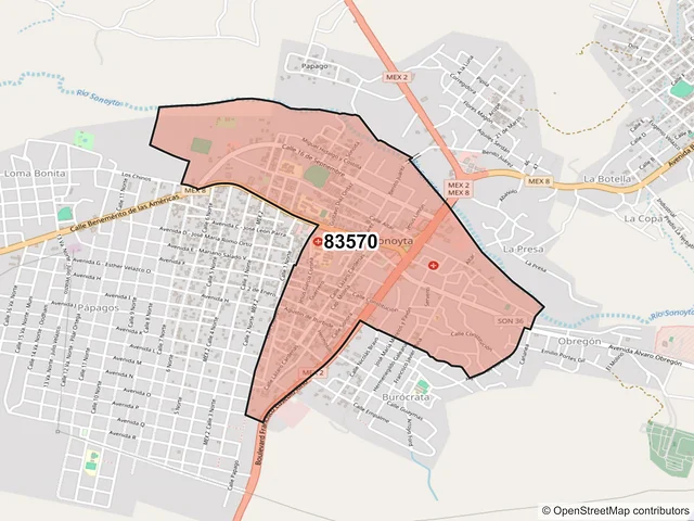 Mapa del código postal 83570, General Plutarco Elías Calles, Sonora