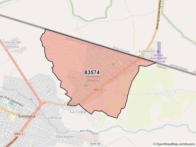 Mapa del código postal 83574, General Plutarco Elías Calles, Sonora