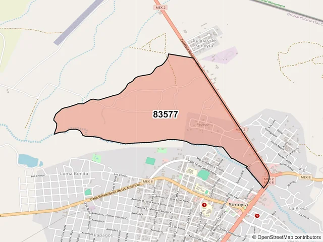 Mapa del código postal 83577, General Plutarco Elías Calles, Sonora