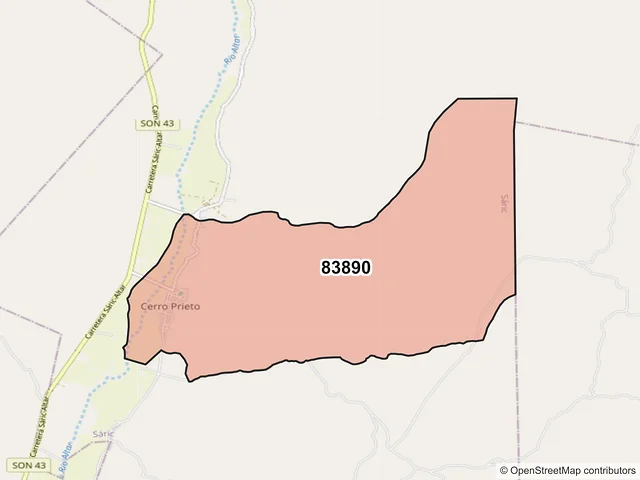 Mapa del código postal 83890, Sáric, Sonora
