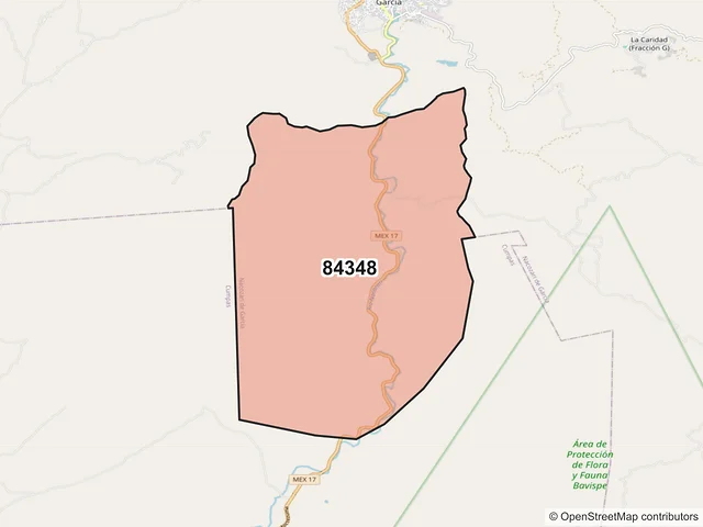Mapa del código postal 84348, Nacozari de García, Sonora