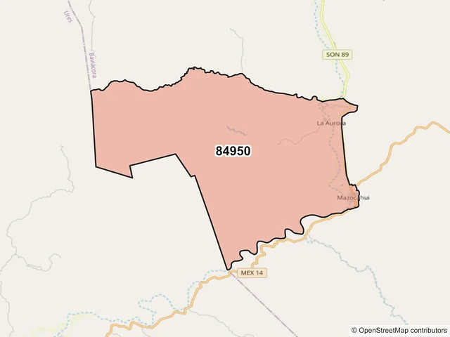 Mapa del código postal 84950, Baviácora, Sonora