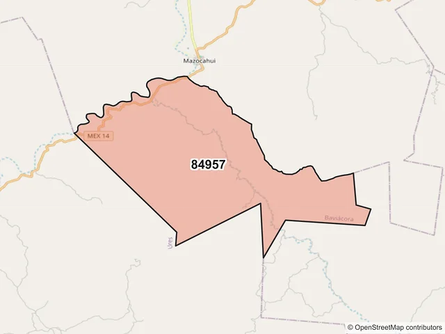 Mapa del código postal 84957, Baviácora, Sonora