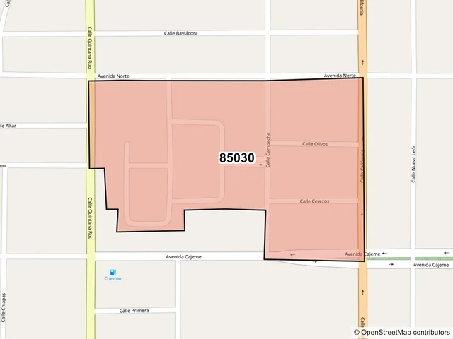 Mapa del código postal 85030, Ciudad Obregón, Sonora