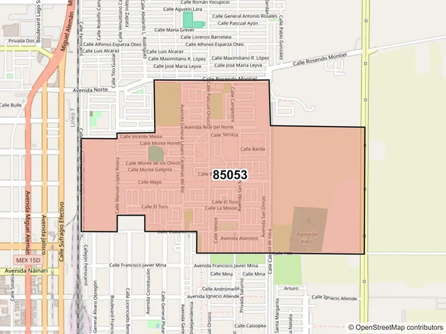 Mapa del código postal 85053, Ciudad Obregón, Sonora