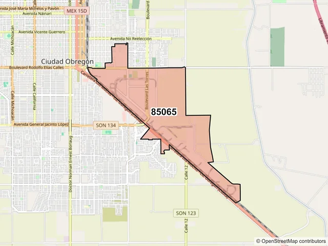 Mapa del código postal 85065, Ciudad Obregón, Sonora