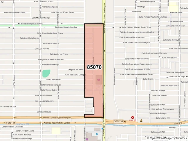 Mapa del código postal 85070, Ciudad Obregón, Sonora