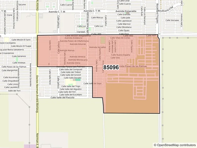 Mapa del código postal 85096, Ciudad Obregón, Sonora