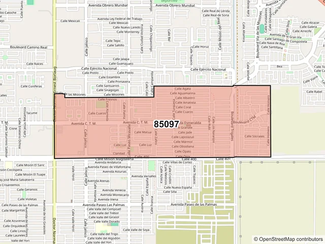 Mapa del código postal 85097, Ciudad Obregón, Sonora
