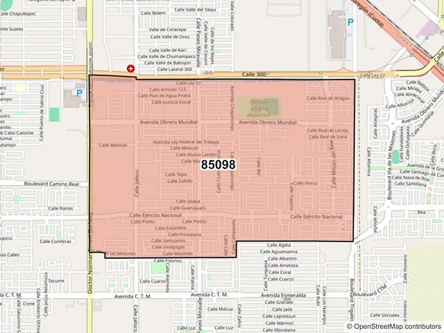 Mapa del código postal 85098, Ciudad Obregón, Sonora