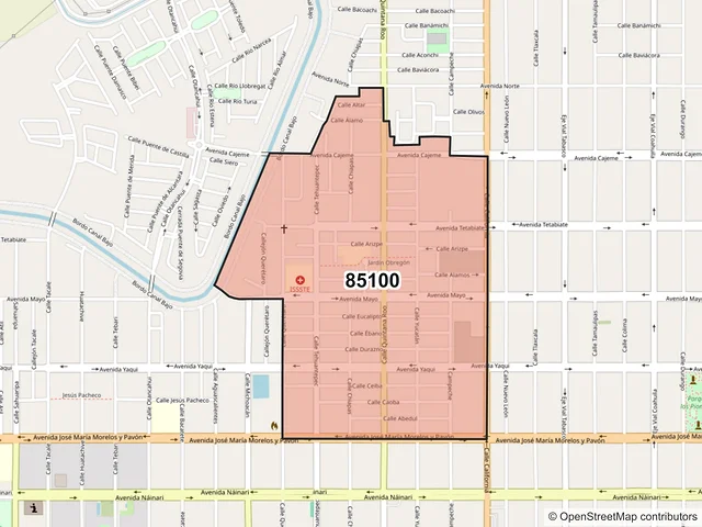 Mapa del código postal 85100, Ciudad Obregón, Sonora