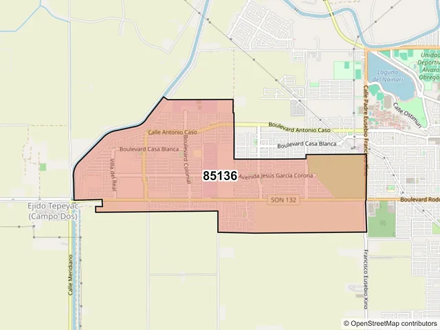 Mapa del código postal 85136, Ciudad Obregón, Sonora
