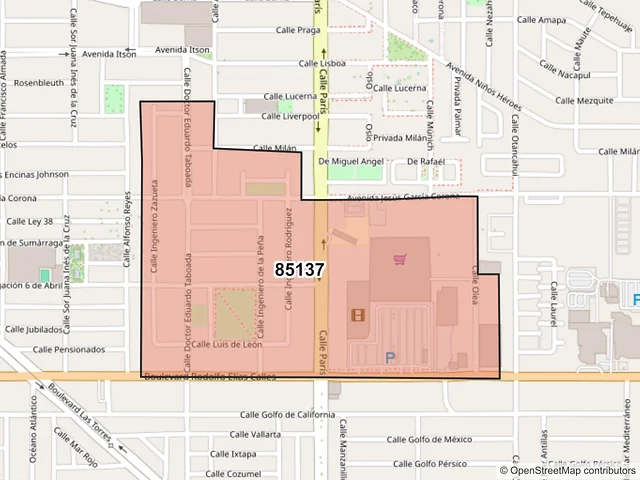 Mapa del código postal 85137, Ciudad Obregón, Sonora