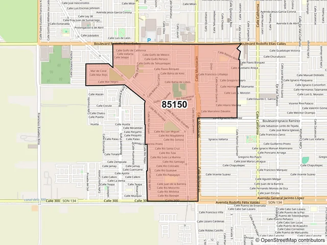 Mapa del código postal 85150, Ciudad Obregón, Sonora