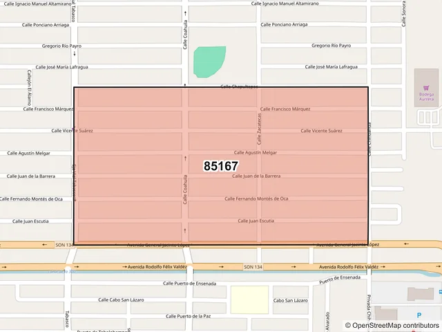 Mapa del código postal 85167, Ciudad Obregón, Sonora