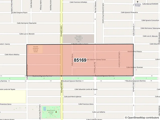 Mapa del código postal 85169, Ciudad Obregón, Sonora