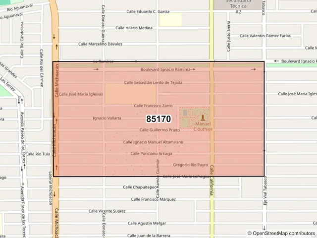 Mapa del código postal 85170, Ciudad Obregón, Sonora