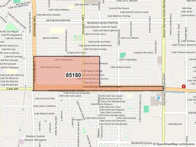 Mapa del código postal 85180, Ciudad Obregón, Sonora