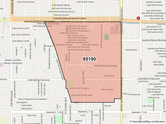 Mapa del código postal 85190, Ciudad Obregón, Sonora