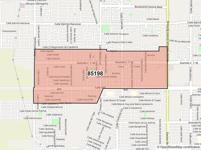 Mapa del código postal 85198, Ciudad Obregón, Sonora