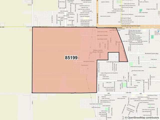 Mapa del código postal 85199, Ciudad Obregón, Sonora