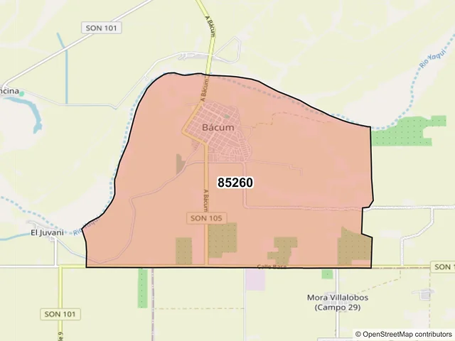 Mapa del código postal 85260, Bácum, Sonora