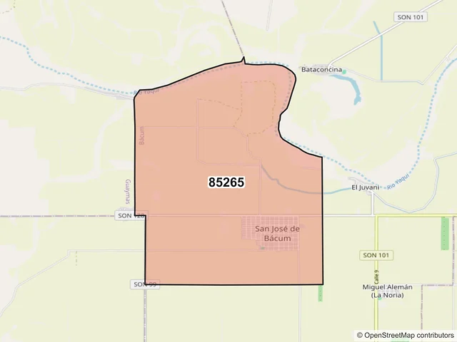 Mapa del código postal 85265, Bácum, Sonora