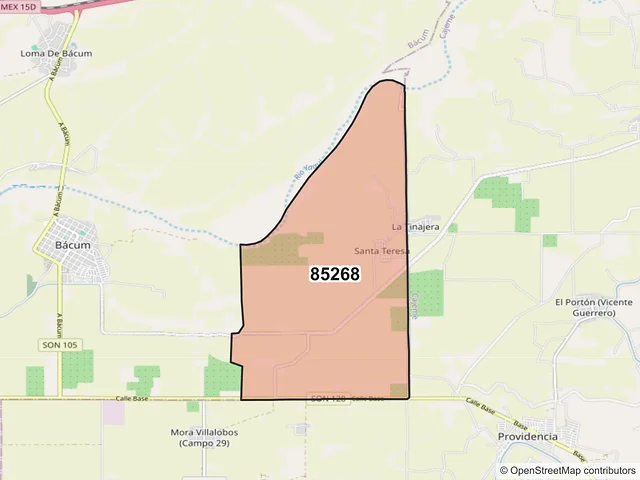 Mapa del código postal 85268, Bácum, Sonora