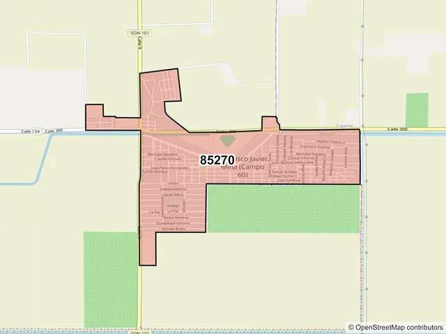 Mapa del código postal 85270, Bácum, Sonora