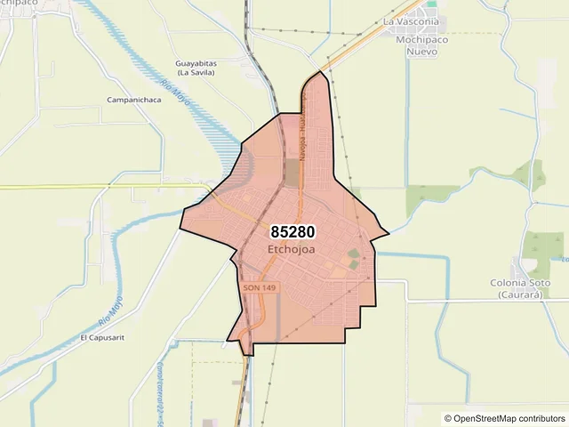 Mapa del código postal 85280, Etchojoa, Sonora