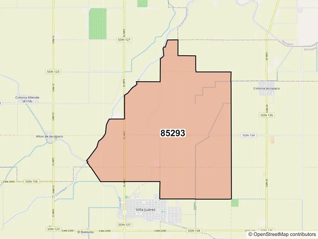 Mapa del código postal 85293, Benito Juárez, Sonora