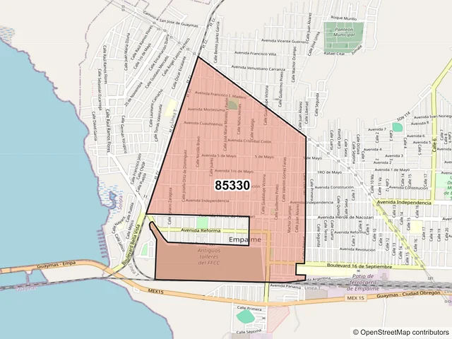 Mapa del código postal 85330, Empalme, Sonora