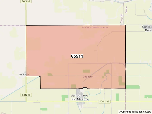 Mapa del código postal 85514, San Ignacio Río Muerto, Sonora