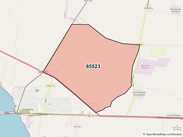 Mapa del código postal 85523, Empalme, Sonora