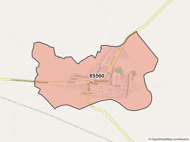 Mapa del código postal 85560, Mazatán, Sonora