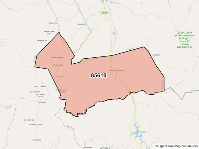 Mapa del código postal 85610, Sahuaripa, Sonora