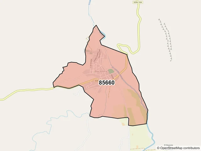 Mapa del código postal 85660, Bacanora, Sonora