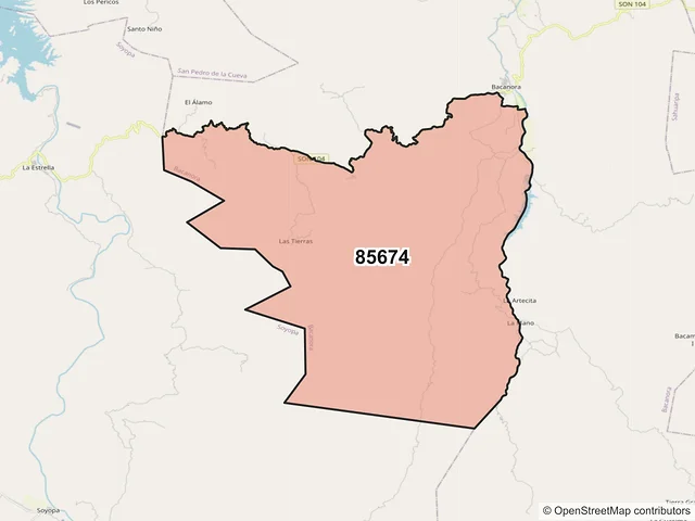 Mapa del código postal 85674, Bacanora, Sonora