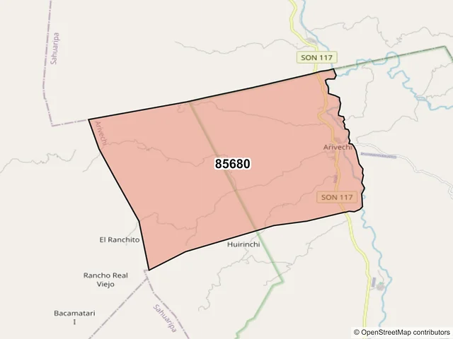 Mapa del código postal 85680, Arivechi, Sonora