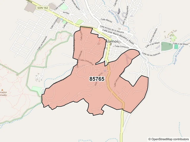 Mapa del código postal 85765, Alamos, Sonora